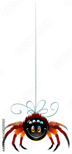 Funny spider-smiley face for Halloween. The spider goes down the thread of the web. Red and black on a white background. Vector image, isolated.