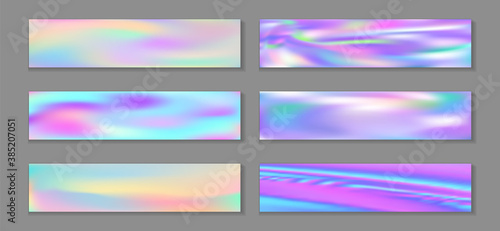 Neon holo hipster banner horizontal fluid gradient princess backgrounds vector set. Iridescent 