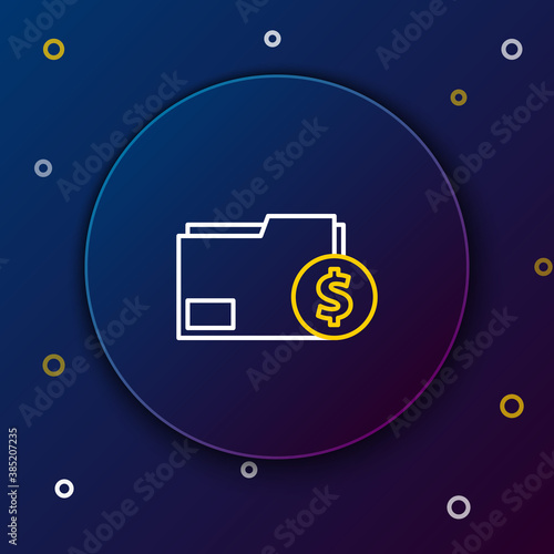 Line Finance document folder icon isolated on blue background. Paper bank document with dollar coin for invoice or bill concept. Colorful outline concept. Vector.