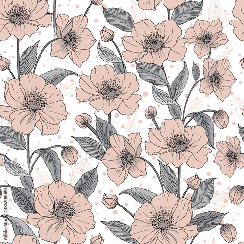 Vector anemone flower field and dots seamless pattern print background.