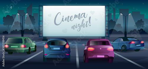 Cinema night vector banner in cartoon style. Drive-in movie theater with large screen and cars poster. Audience watching romantic film or show on classic open air parking in darkness.