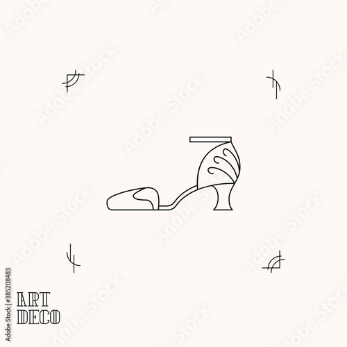 Art Deco thin line illustration of woman's shoes.  Stylish vintage heel icon. 20's and 30's roaring vintage style. Glamour retro fashion.