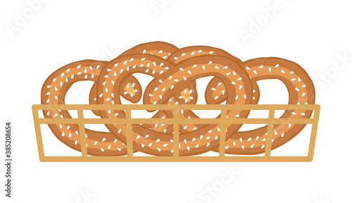 Pretzels with sesame seeds. Bakery products in the basket. Isolated on a white background. Vector illustration.