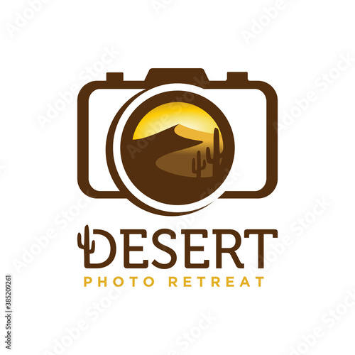 Camera with desert mountain illustration on the lens, Desert Photography Logo Icon vector design