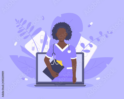 Online doctor medical service concept with doctor in the laptop vector illustration. Telemedicine web consultation for patients health care check ups and taking medicine prescription pills.
