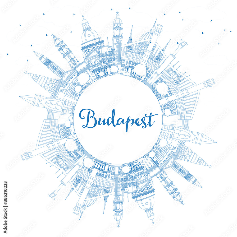 Outline Budapest Hungary City Skyline with Blue Buildings and Copy Space.