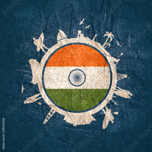 Circle with tropical recreation relative silhouettes. Objects located around the circle. Human posing with surfboard, cruise ship, palm and lifeguard tower. India flag in the center.