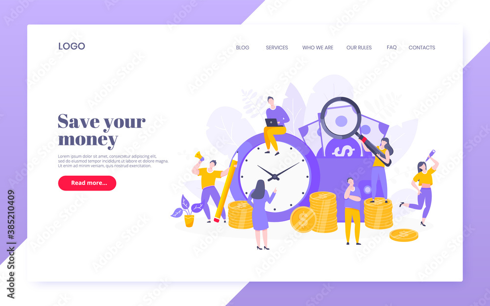 Time is money business concept of money saving. Time management, money installment with future growth. Teamwork concept flat style design vector illustration web template.