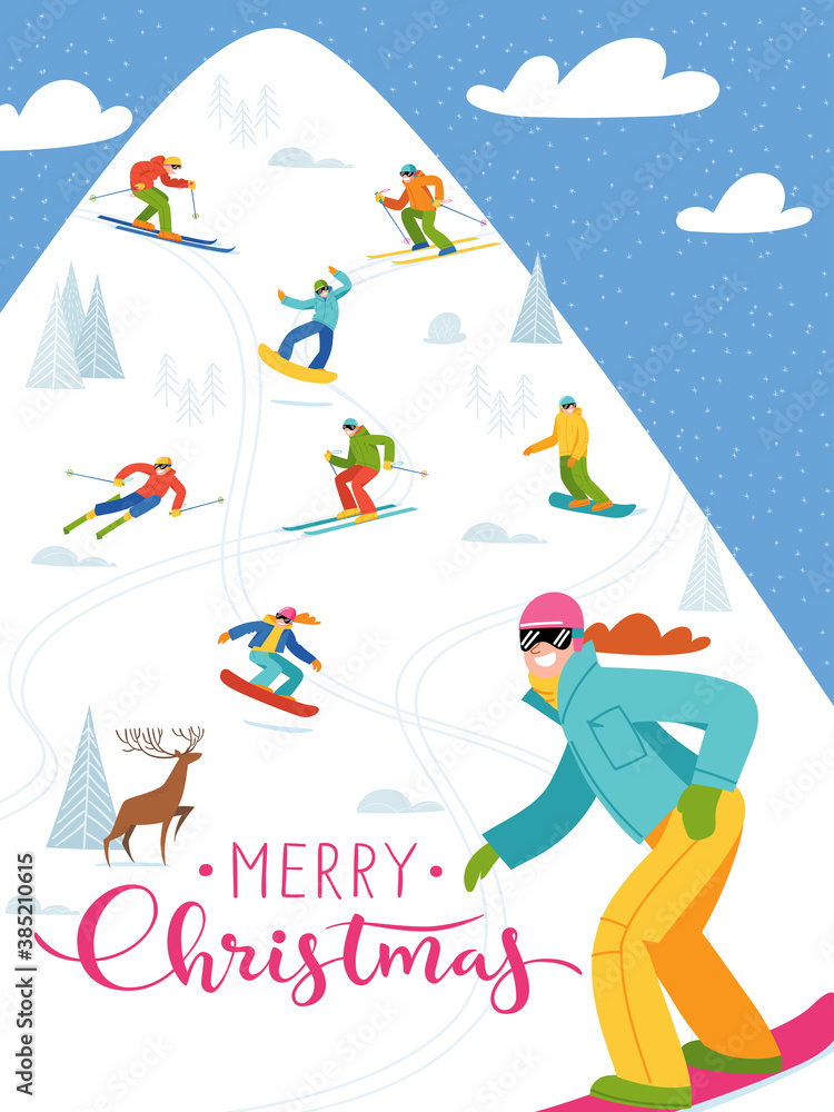 Ski resort poster with people doing winter sports. Ski resort poster with people doing winter sports.