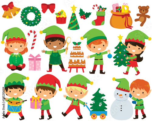 Christmas elves clipart set. Cute Santa   s elves in different poses and a collection of Christmas illustrations.