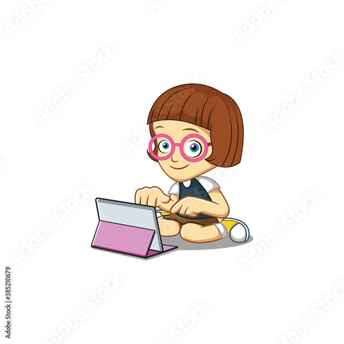Vector Illustration of Geek Girl Play Tablet
