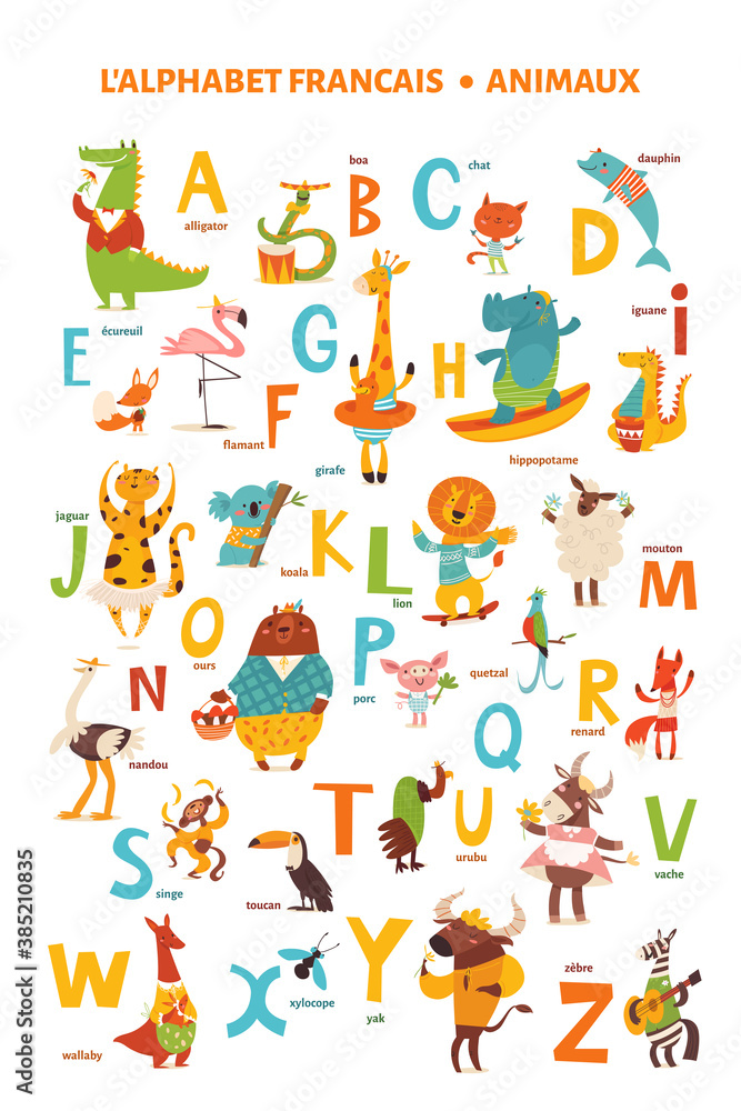 Fototapeta premium French language alphabet poster with cartoon animals