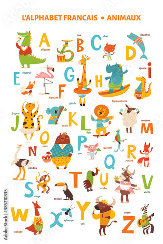 French language alphabet poster with cartoon animals
