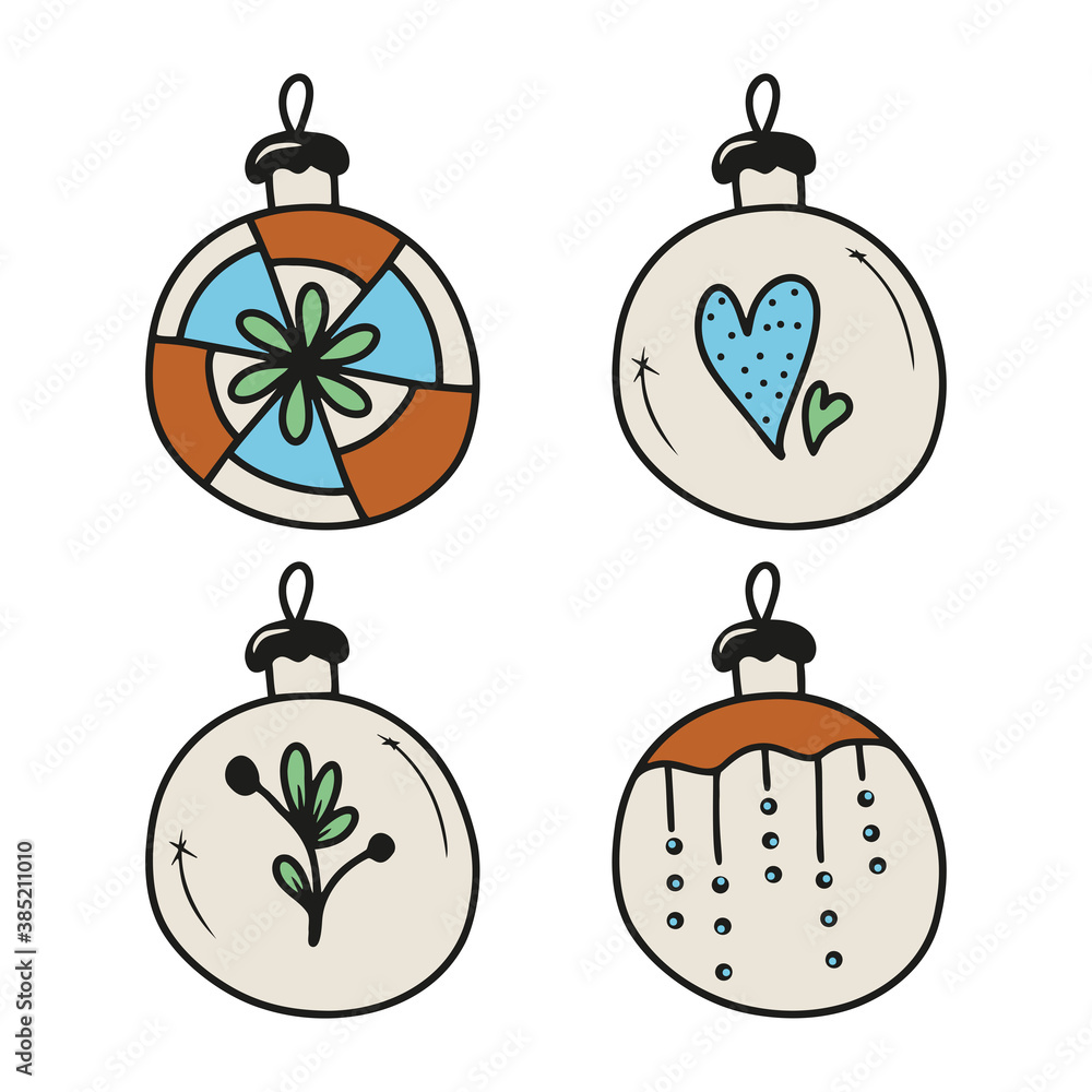 Fototapeta premium Set of hand drawn colorful christmas tree balls isolated on a white background. Doodle, simple outline illustration. It can be used for decoration of textile, paper and other surfaces.