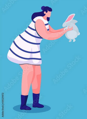 Woman holding favorite rabbit in hands isolated happy pet owner. Vector illustration of girl in striped dress with cute bunny fluffy animal and lady flat cartoon style. Friendship with domestic friend