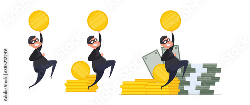 Set for posters and presentations. Two robbers steal gold coins. Two thieves are stealing money. Robbery and security concept. Isolated. Vector.