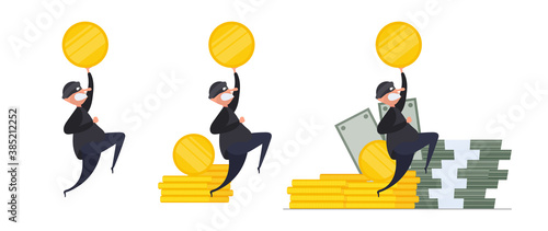 Set for posters and presentations. Two robbers steal gold coins. Two thieves are stealing money. Robbery and security concept. Isolated. Vector.