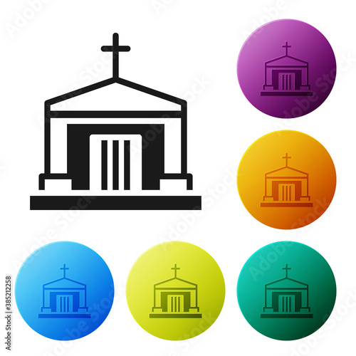 Black Old crypt icon isolated on white background. Cemetery symbol. Ossuary or crypt for burial of deceased. Set icons in color circle buttons. Vector.
