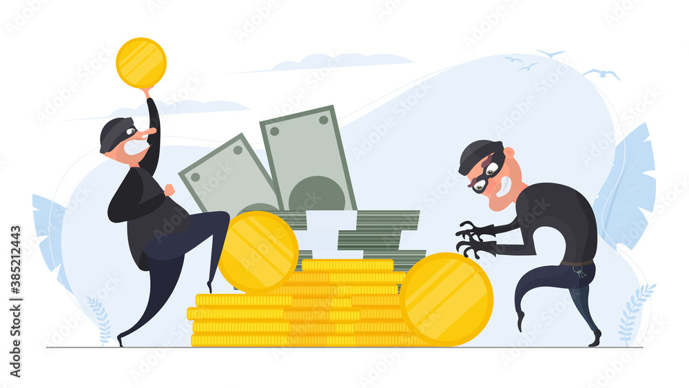 Two robbers steal gold coins. Two thieves steal money. A mountain of gold coins, bundles of money, dollars. Robbery and security concept. Vector.