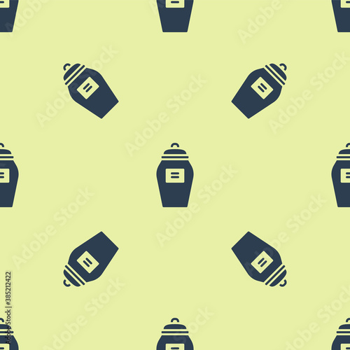 Blue Funeral urn icon isolated seamless pattern on yellow background. Cremation and burial containers, columbarium vases, jars and pots with ashes. Vector.