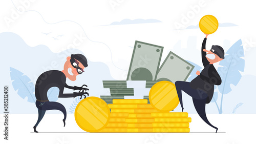 Two robbers steal gold coins. Two thieves steal money. A mountain of gold coins, bundles of money, dollars. Robbery and security concept. Vector.