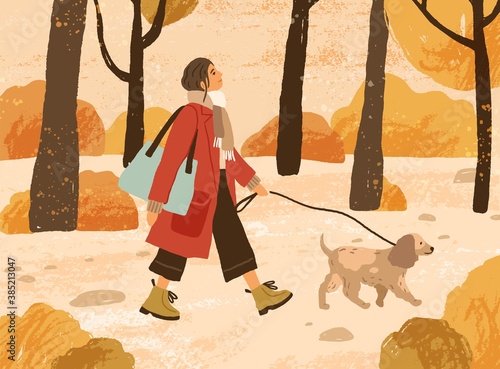 Young woman in trendy warm outwear walking dog in autumn park, admiring nature. Fashionable female character with pet in the forest. Fall recreation. Colorful vector illustration in flat cartoon style