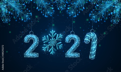Abstract Happy 2021 New Year greeting card with fit tree branches.