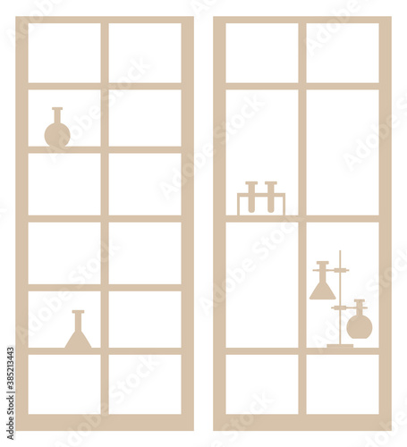 Wooden shelves for laboratory interior design. Isolated icon of furniture piece with equipment for lab. Workplace of researcher with flasks and glass test tubes set. School class, vector in flat