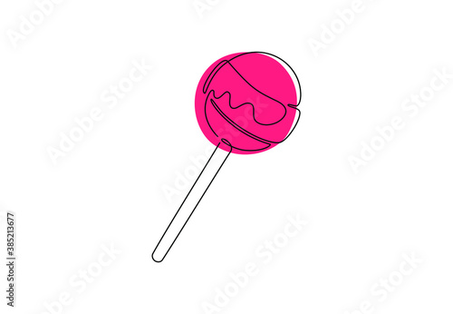 One line drawing of round lollipop candy shop logo emblem. Hand drawn sweet drop for posters wall art banners, confectionery store logotype template concept. Vector illustration