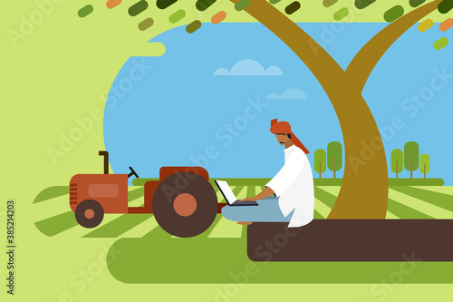 Illustration of a farmer sitting under a tree looking at his laptop in the agricultural field