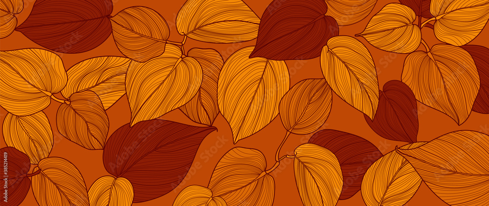 Hand drawn leaves line arts Vector  background, Abstract leaf pattern, Autumn wallpaper, Tropical leaves design for fabric, Wrapping paper, prints, Vector illustration.