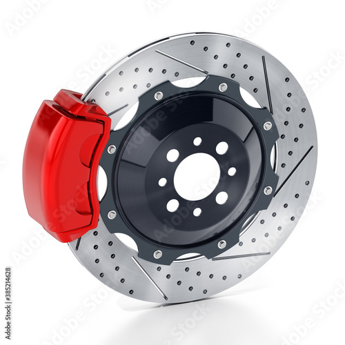 Performance brake disc and red brake pad isolated on white background. 3D illustration