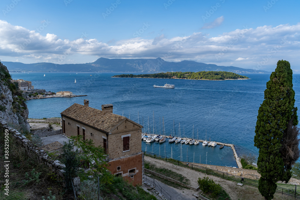 Corfu Town Greece island Old Venetian Fortress view of Albania mountain range Mediterranean ocean