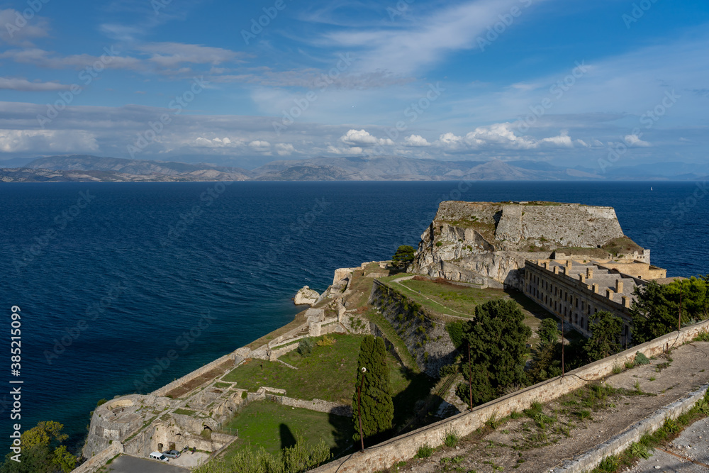 Greece Corfu Town city island Old Venetian Fortress view of mountains in Albania Mediterranean ocean