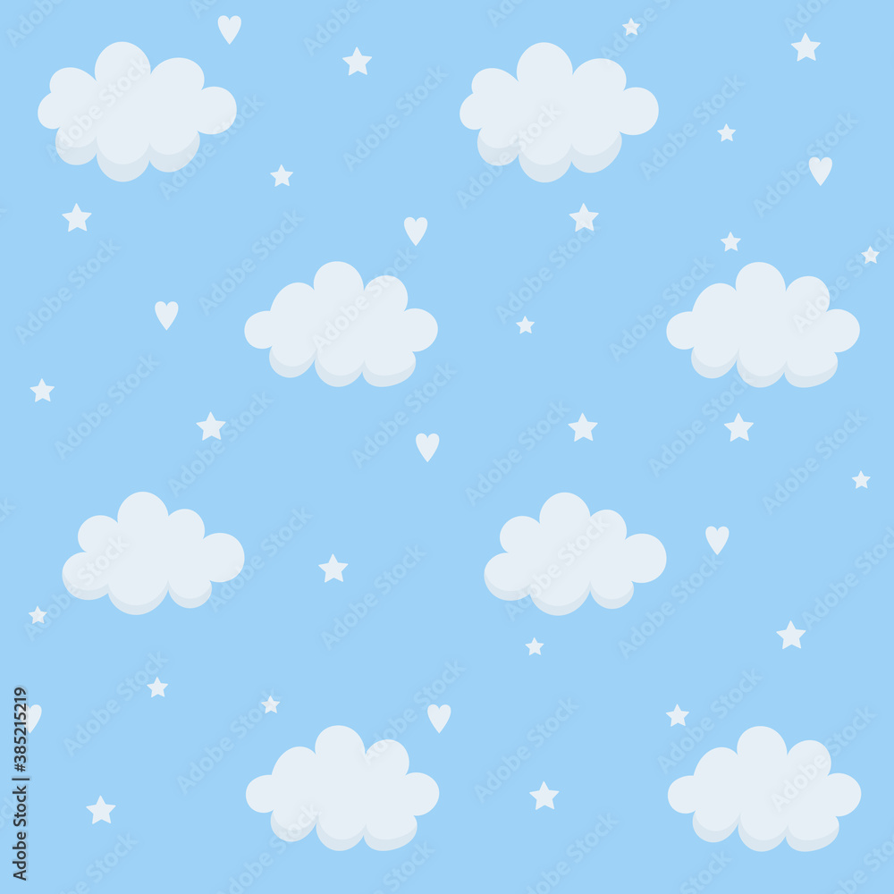 Seamless pattern with clouds, stars, hearts.	
