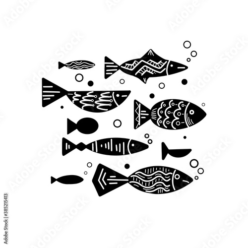 Set of black silhouette of different fish with doodle boho pattern and bubbles. School of fish. Vector lagoon object for postcards, coloring pages, banners and your design.