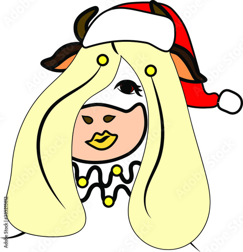 humanized new year's portrait of a cow in a new year's red cap, drawn in vector, on a white background isolated