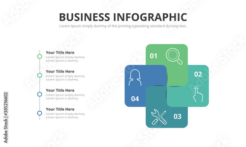 4 intersected translucent round elements with linear icons inside. Simple infographic design template.