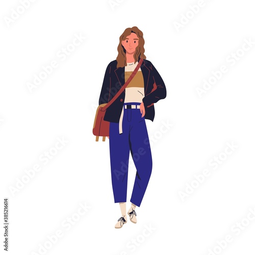 Young stylish woman wearing casual outfit. Female character demonstrating fashionable clothes. Cheerful trendy person with cross body bag. Flat vector cartoon illustration isolated on white