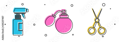Set Hairdresser pistol spray bottle, Aftershave bottle with atomizer and Scissors hairdresser icon. Vector.