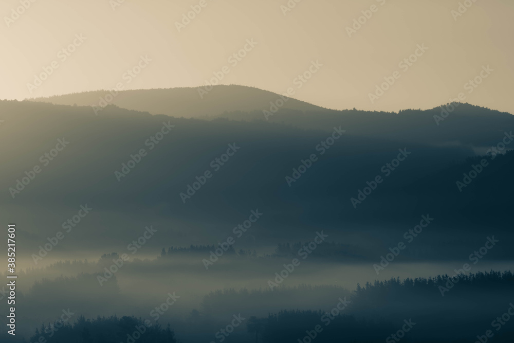 Hazy sunrise of the lands of Monforte lemos in Galicia Spain