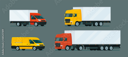 Set of light and heavy duty trucks. Vector flat style illustration.
