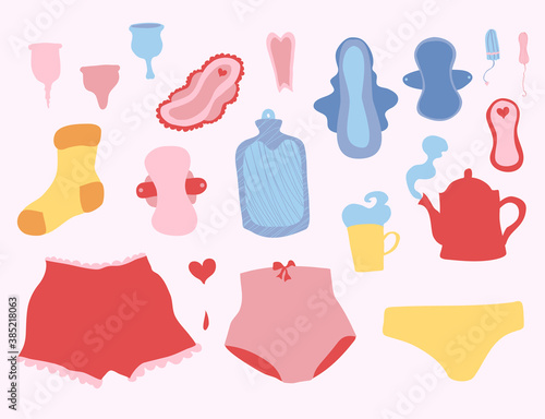 Menstrual hygiene products vector illustration set in pastel colors. Simple and cute vector illustration of sanitary pads, menstrual cups and tampons. Menstruation, period.