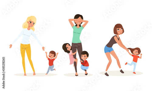 Tired Young Mother and Hyperactive Child Claiming Attention Vector Illustration Set