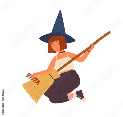 Cute girl in witch hat sitting and combing broom. Young female magician or wizard portrait. Funny sorcerer with red hair. Flat vector cartoon illustration isolated on white