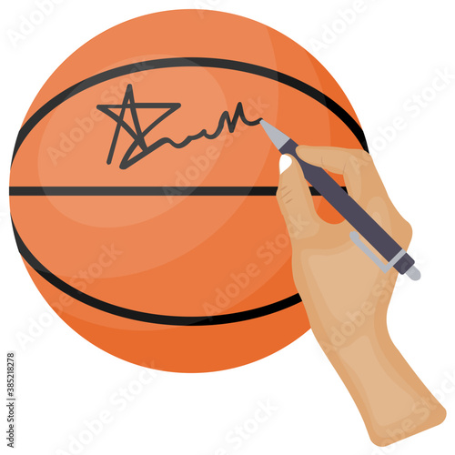 
Hand holding pen and giving autograph on basketball
