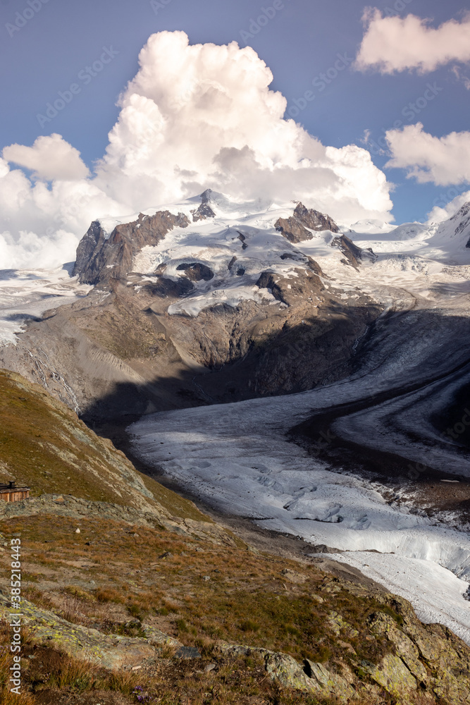 Gorner glacier, the third longest glacier in the Alps, in the Valais Alps of Switzerland. 