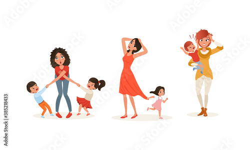 Tired Young Mother and Hyperactive Child Claiming Attention Vector Illustration Set