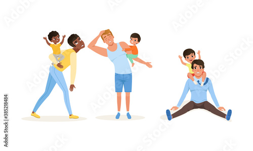 Exhausted Dad and Hyperactive Child Claiming Attention Vector Illustration Set