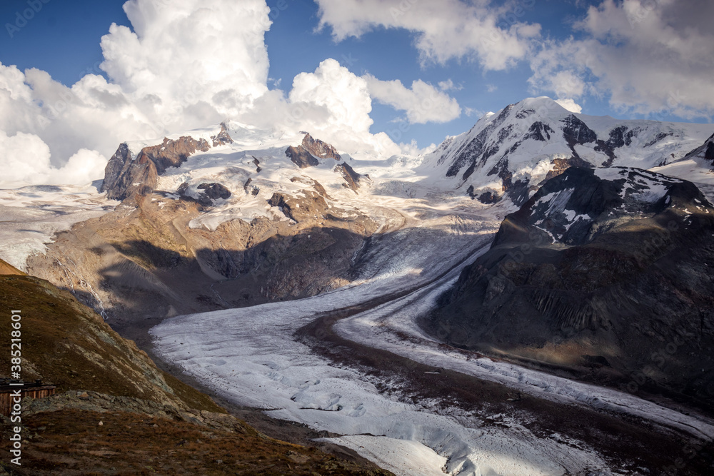 Gorner glacier on a summer day in the Alps of Switzerland. 